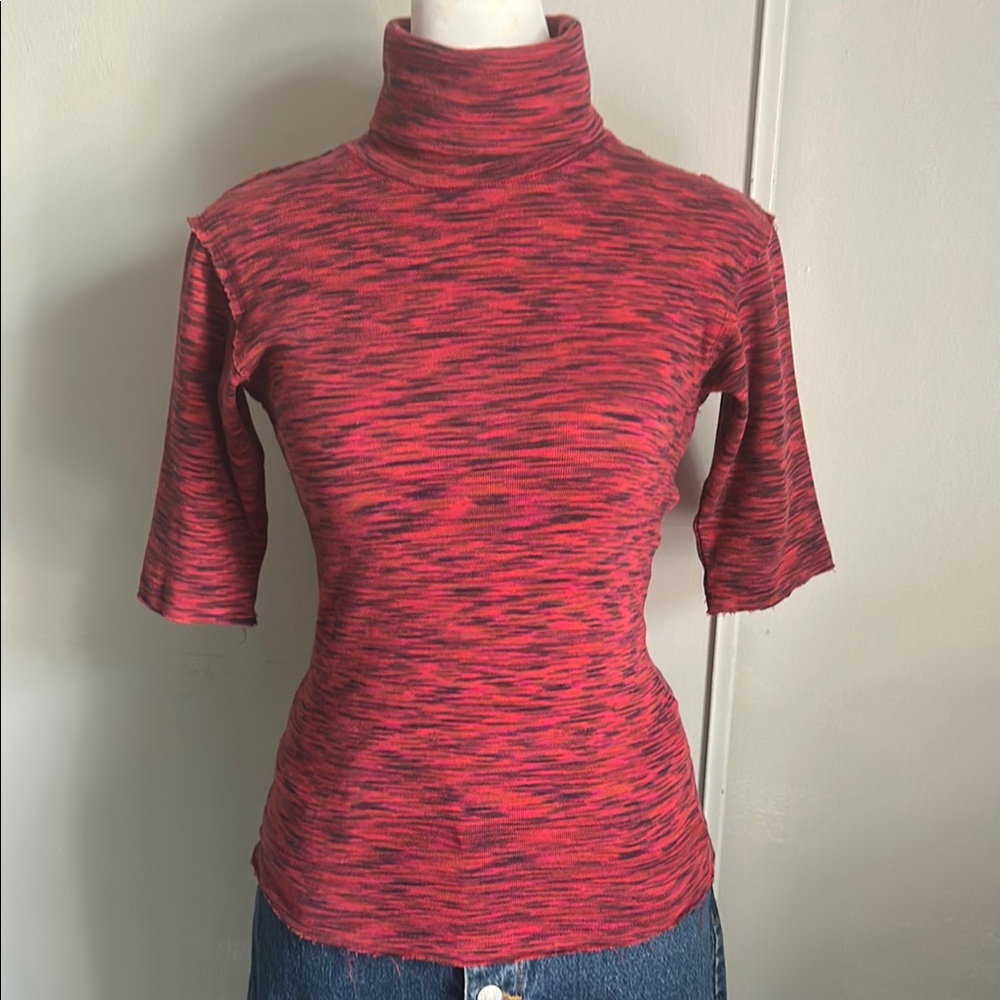 Free People Womens Red Sunshine Space Dye Elbow Sleeves Turtleneck Top - Picture 1 of 10
